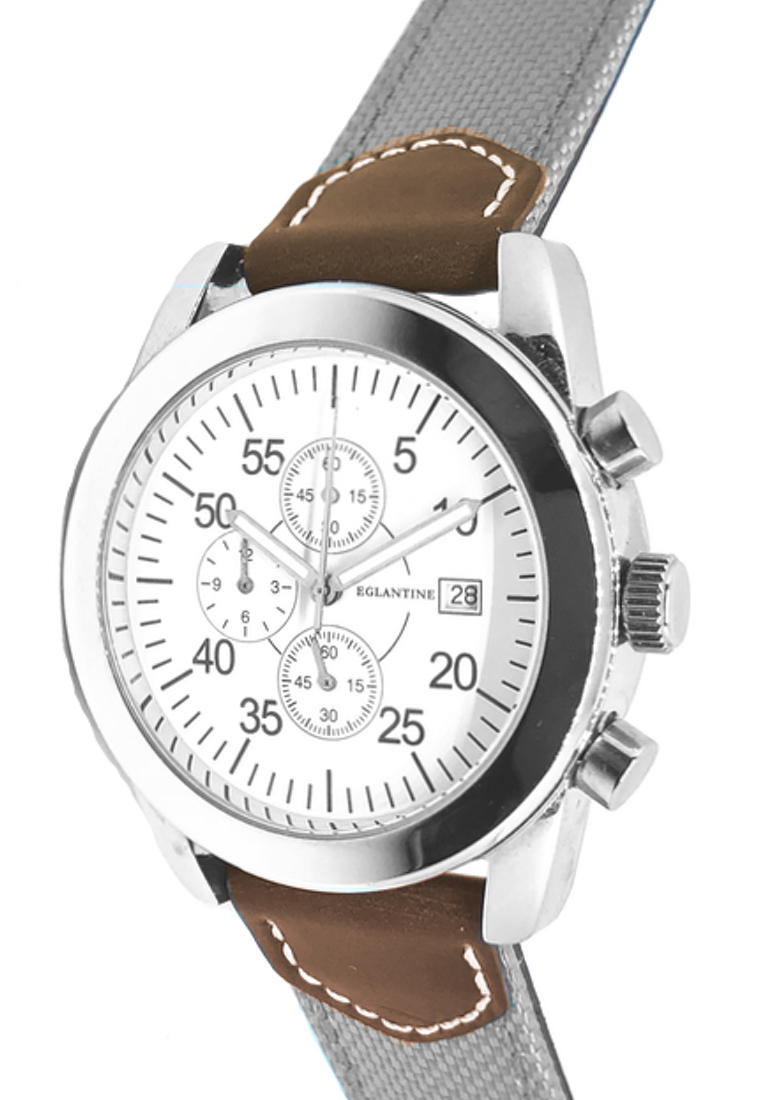 EGLANTINE® Aviator II 男女皆宜的不銹鋼石英計時手錶白色錶盤灰色紡織和棕色皮革錶帶