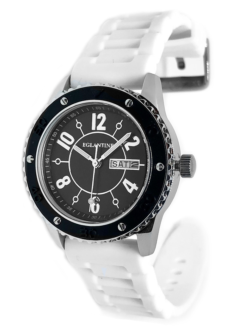EGLANTINE® Vanessa 女士精鋼石英手錶黑色錶盤，白色橡膠錶帶