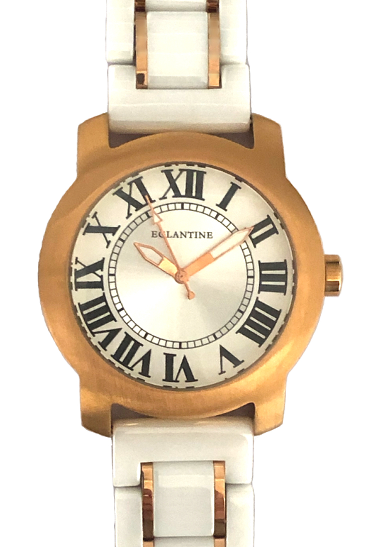 EGLANTINE® Emile 中性鍍玫瑰金鋼質石英手錶，12 羅馬數字錶盤，白色陶瓷錶鍊，玫瑰金色金屬元素