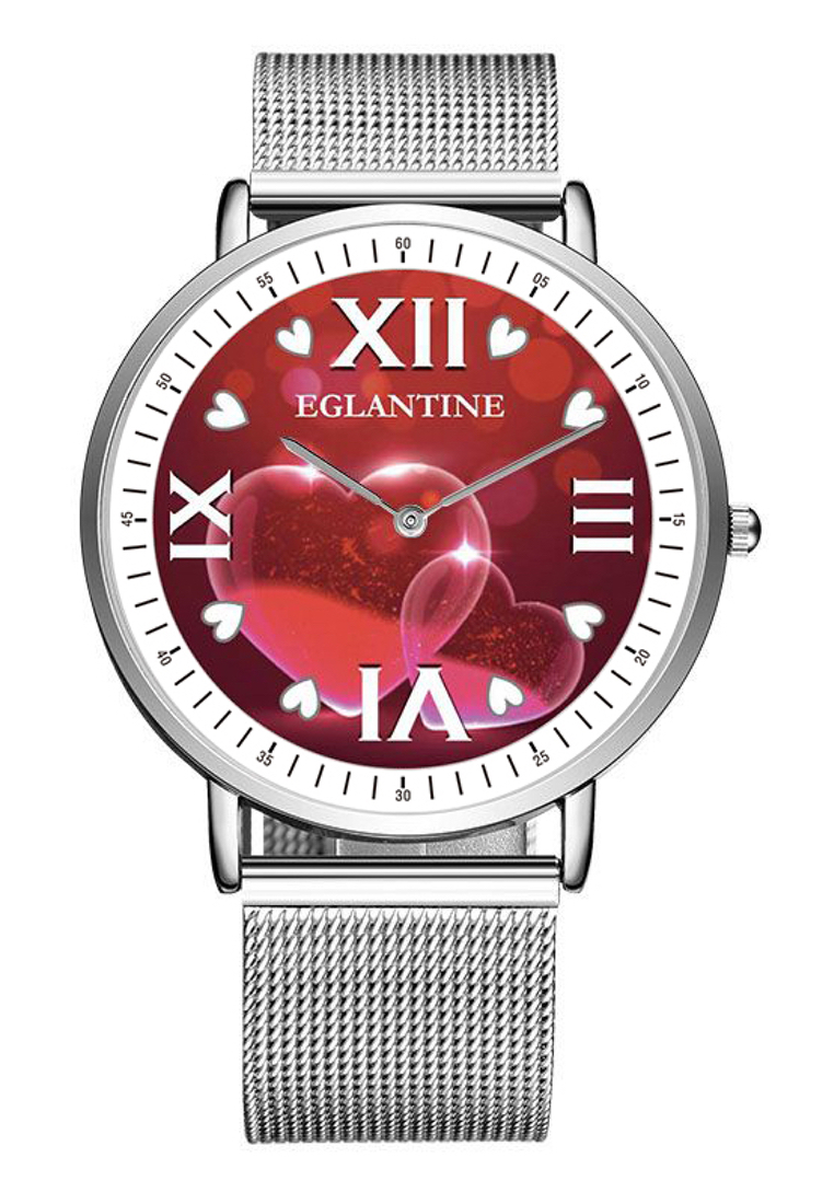 用這款手錶表達你的愛意 - EGLANTINE® Love 40 毫米石英腕錶，紅心與羅馬數字錶盤，米蘭鋼手鍊