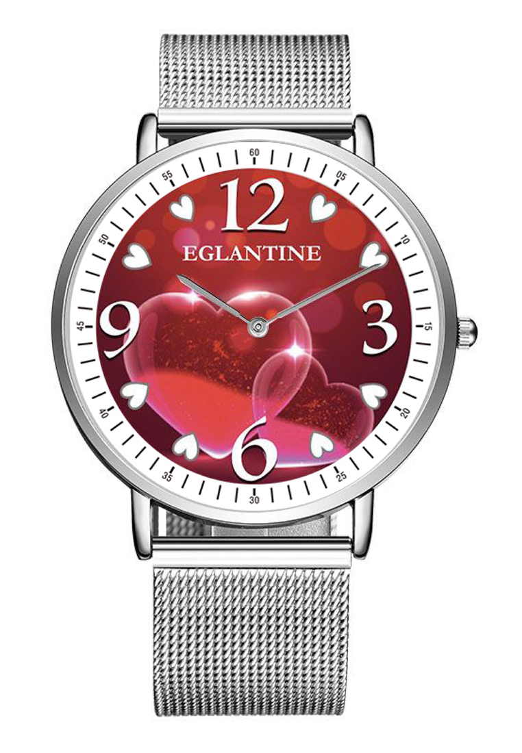 用這款手錶表達你的愛意 - EGLANTINE® Love 40 毫米石英手錶，紅色心形，阿拉伯數字錶盤，米蘭鋼手鍊