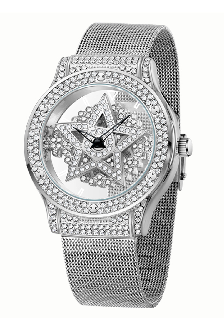 EGLANTINE® "Turning Star"女士石英手錶，半透明錶盤，帶有移動星星，鋪鑲水晶，米蘭金屬手鍊