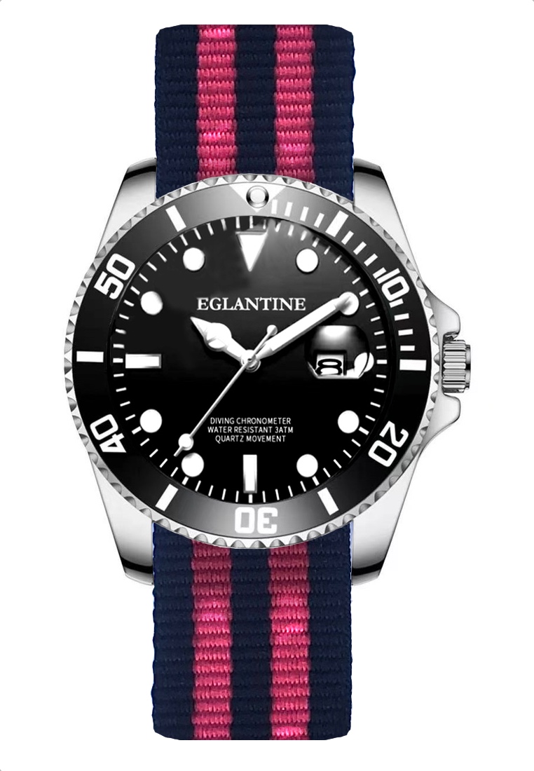 EGLANTINE® 潛水錶，精鋼錶殼，黑色錶盤和旋轉表圈，石英機芯，黑色和紅色 NATO 錶帶