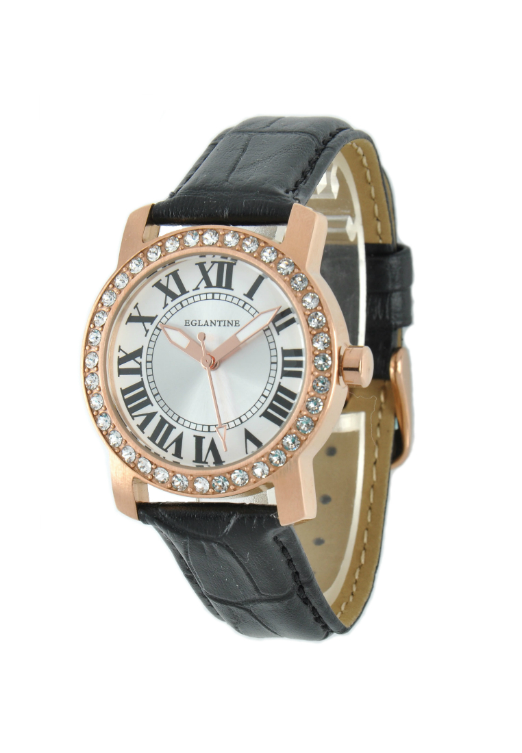 EGLANTINE® Emily 女士鍍玫瑰金精鋼石英手錶，黑色皮革錶帶上鑲有水晶