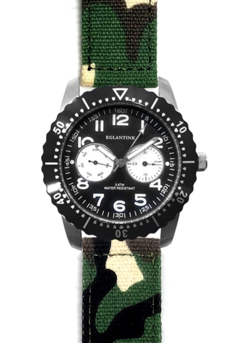 EGLANTINE® Terrenz 中性軍用鋼質石英手錶，黑色錶盤，迷彩紡織錶帶