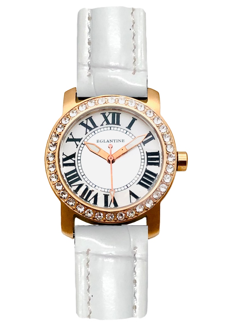 EGLANTINE® Emily 女士鍍玫瑰金精鋼石英手錶，白色皮革錶帶上鑲有水晶