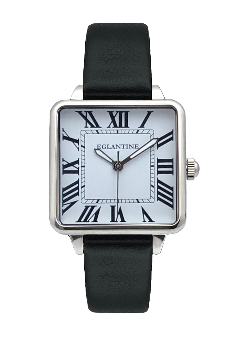 僅在 Zalora - EGLANTINE® La Parisienne 精鋼石英手錶，白色錶盤黑色皮革錶帶上的 12 個羅馬數字
