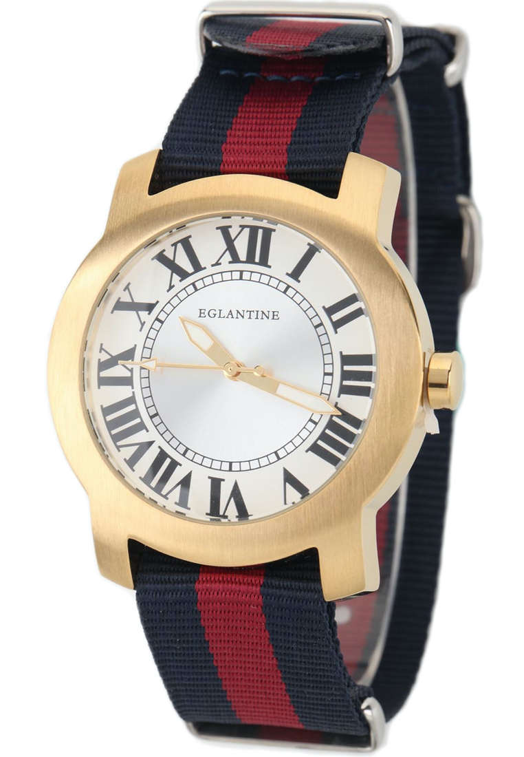 EGLANTINE®Emile中性鍍金鋼石英手錶，海軍藍/紅色NATO錶帶
