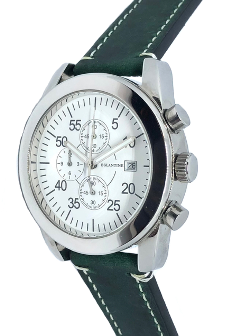 EGLANTINE® Aviator II 中性不銹鋼石英計時手錶深綠色皮革錶帶白色錶盤