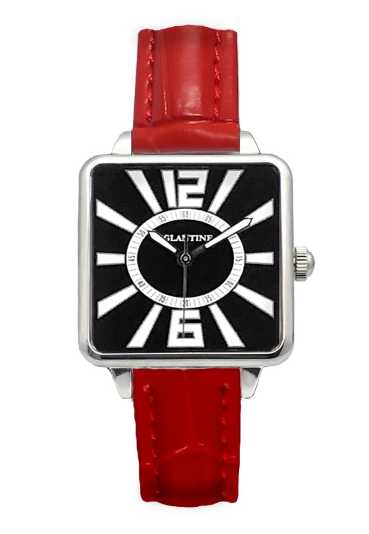 EGLANTINE® La Parisienne 精鋼石英腕錶，黑色錶盤紅色皮革錶帶