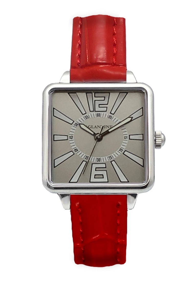 EGLANTINE® La Parisienne 精鋼石英手錶，銀色錶盤紅色皮革錶帶
