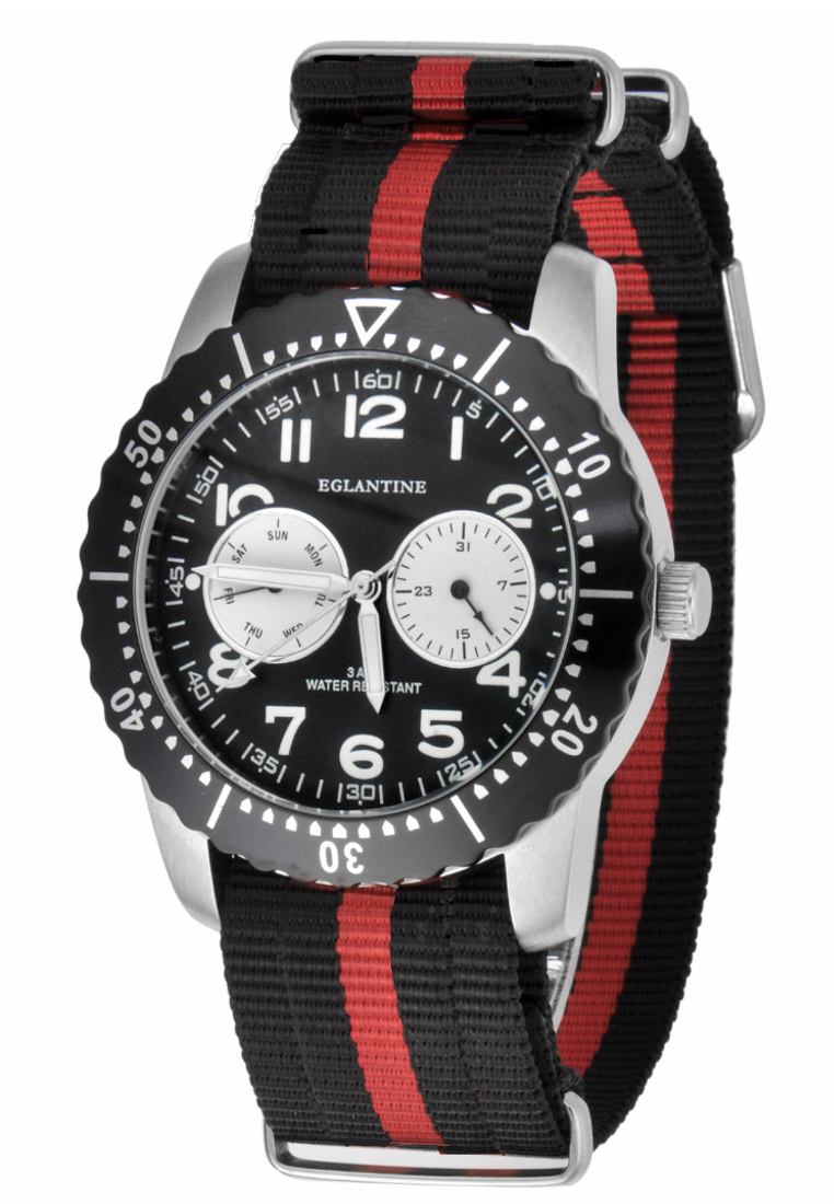 EGLANTINE® Terrenz 黑色/綠色北約錶帶上的中性鋼石英手錶黑色/紅色錶盤
