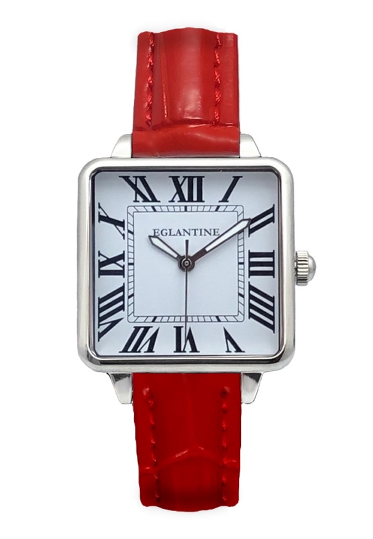 EGLANTINE® La Parisienne 鋼質石英腕錶，白色錶盤，12 個羅馬數字，紅色皮革錶帶