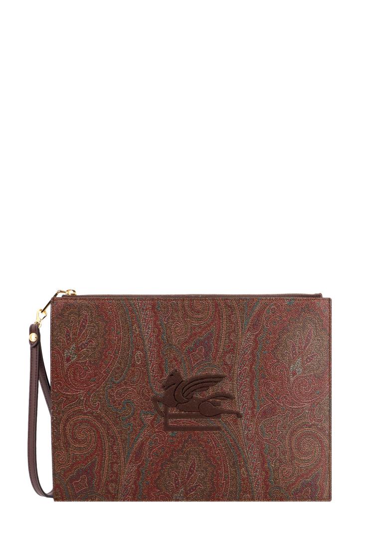 Etro Coated canvas clutch with paisley motif and iconic Pegasus - ETRO - Brown