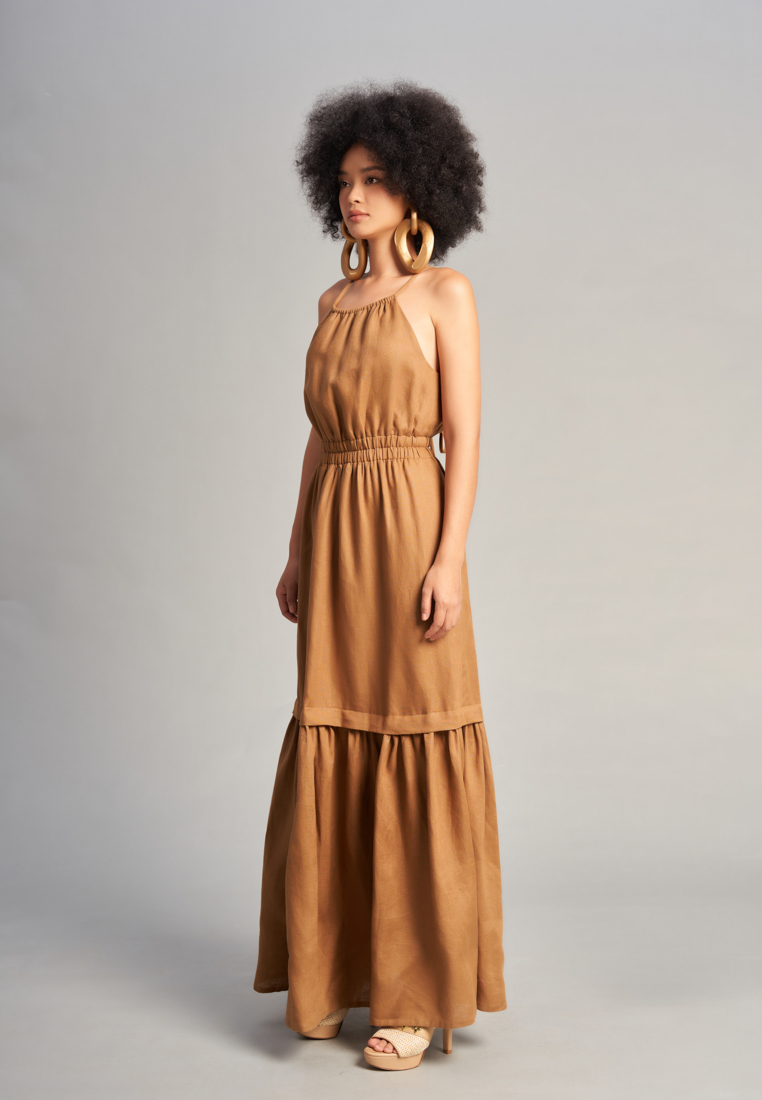 F2 - Fashion and Freedom Brown Linen Maxi Dress