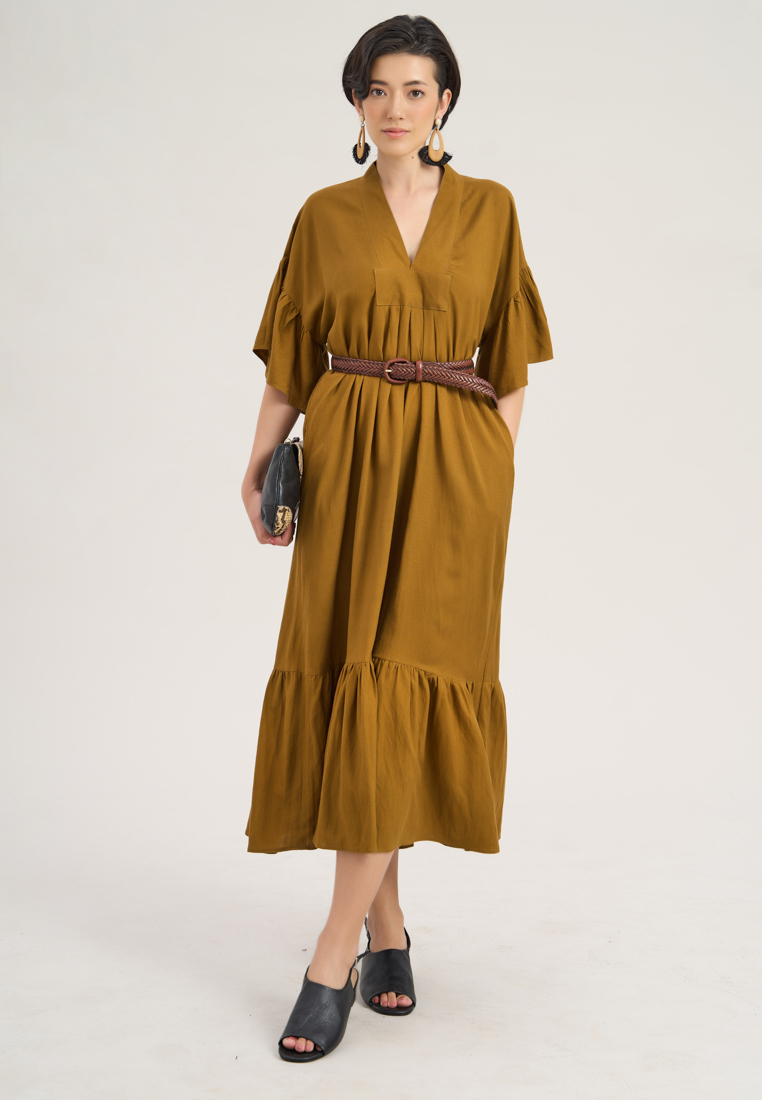 F2 - Fashion and Freedom Brown Linen Midi Dress