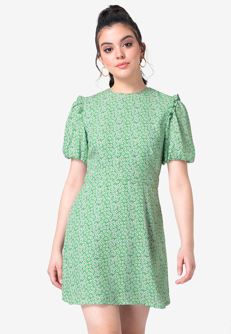 FabAlley Green Ditsy Floral Cut Out Back Dress