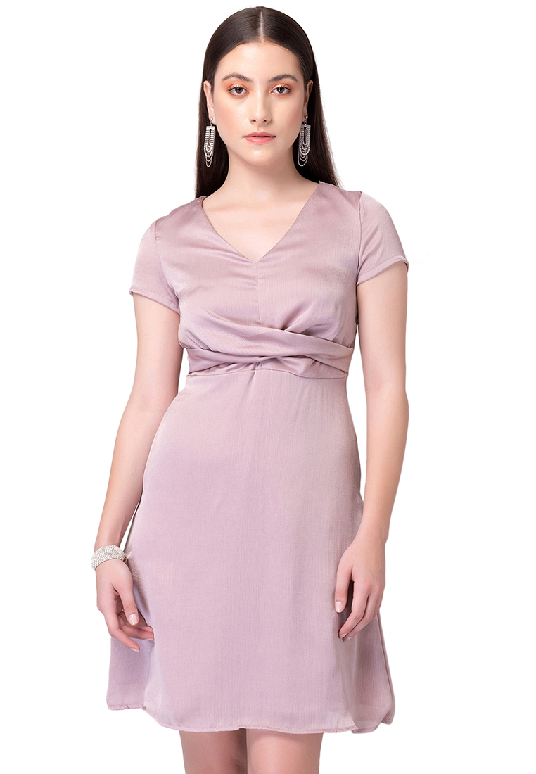 FabAlley Lilac Front Drape Flared Sleeve Mini Dress