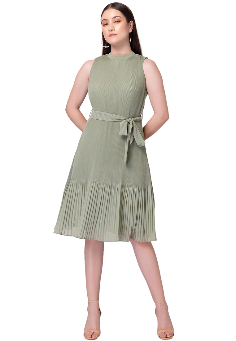 FabAlley Light Green Pleated Midi Dress With Belt