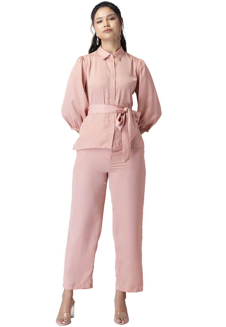 FabAlley Light Pink Collared Shirt With Pants And Belt Co-ord Set
