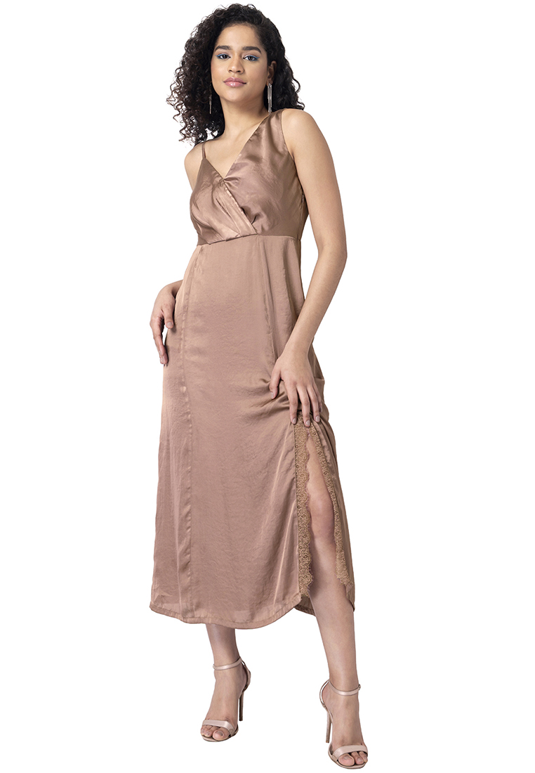 FabAlley Light Brown Satin Overlap Asymmetric Midi Dress