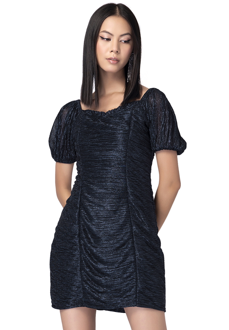 FabAlley Black Ruched Puff Sleeve Bodycon Dress