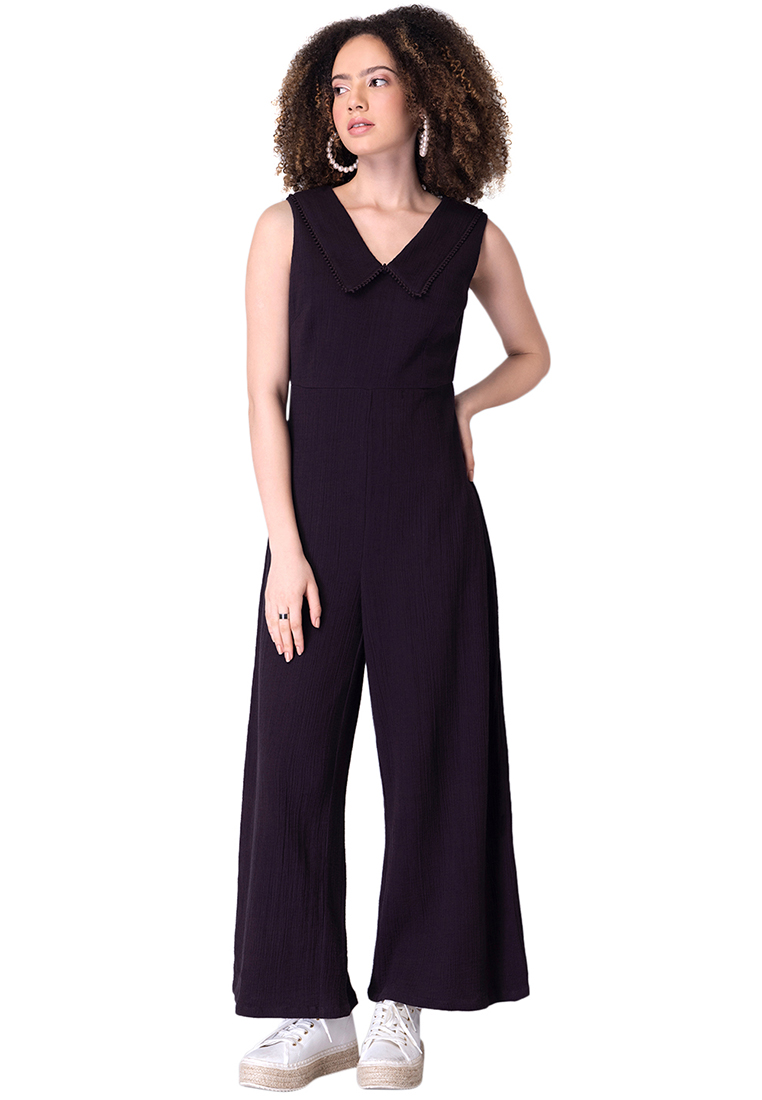 FabAlley Wine Collared Trim Jumpsuit