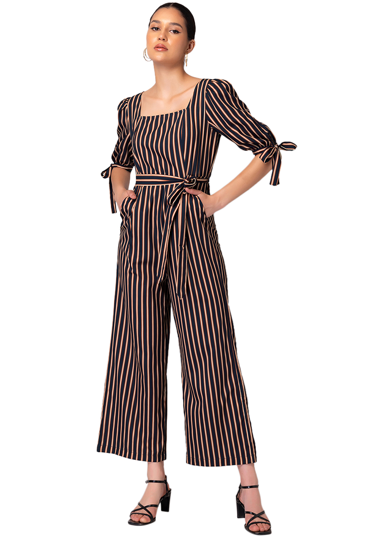 FabAlley Black Stripe Print Puff Sleeve Jumpsuit With Belt
