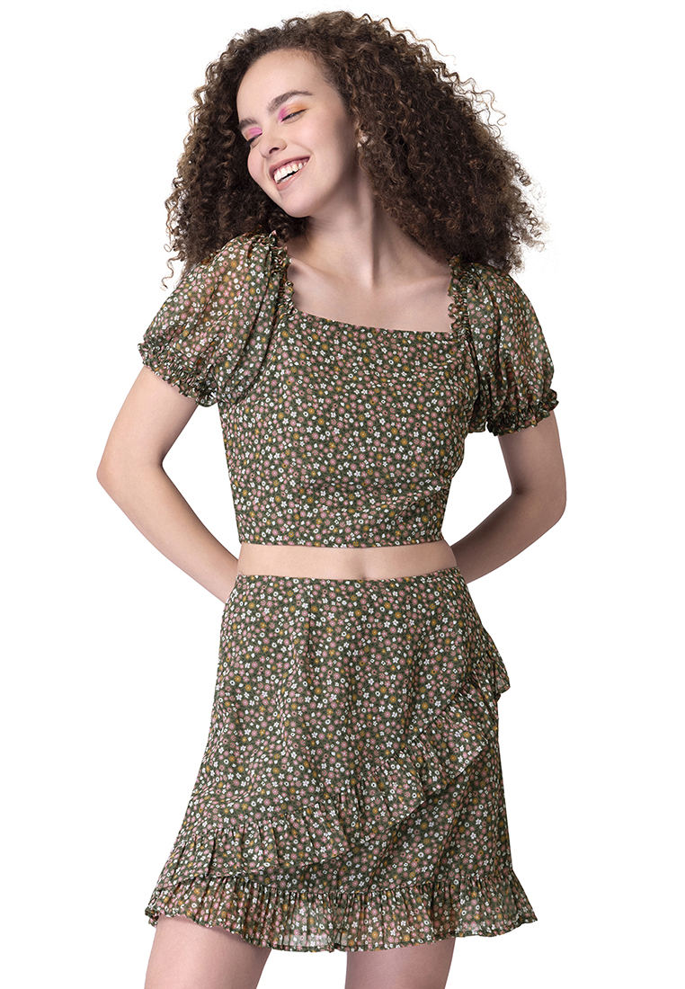 FabAlley Olive Floral Smocked Top And Ruffled Mini Skirt Co-ord Set