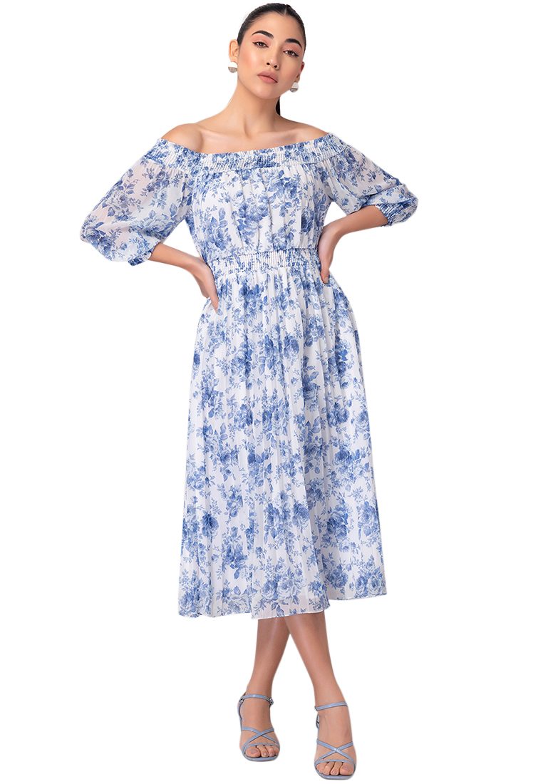 FabAlley Blue Floral Pleated Off Shoulder Midi Dress