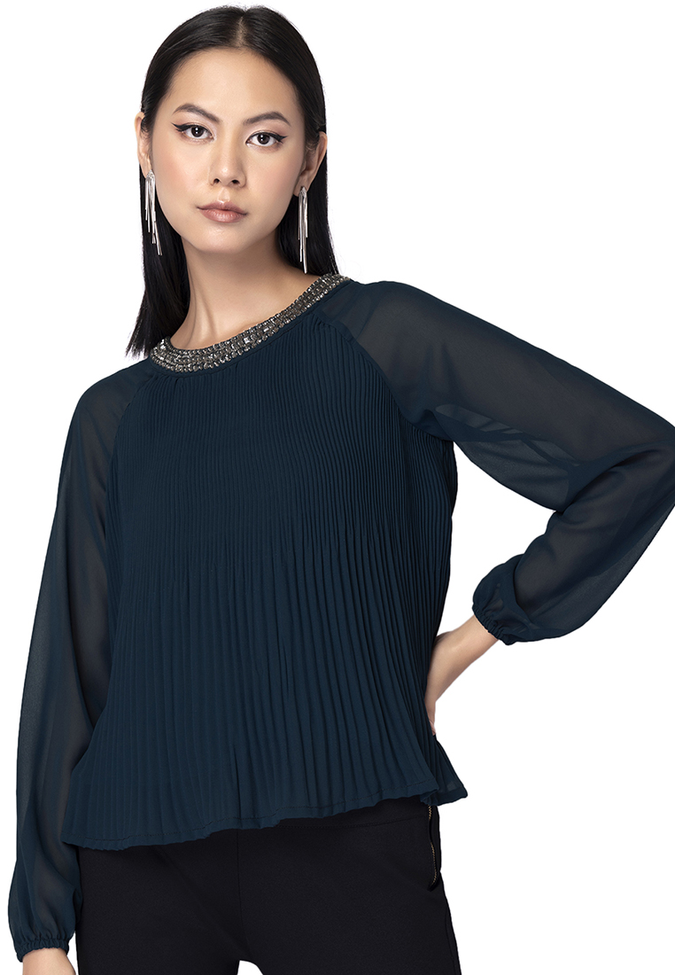 FabAlley Navy Pleated Embellished Neck Top