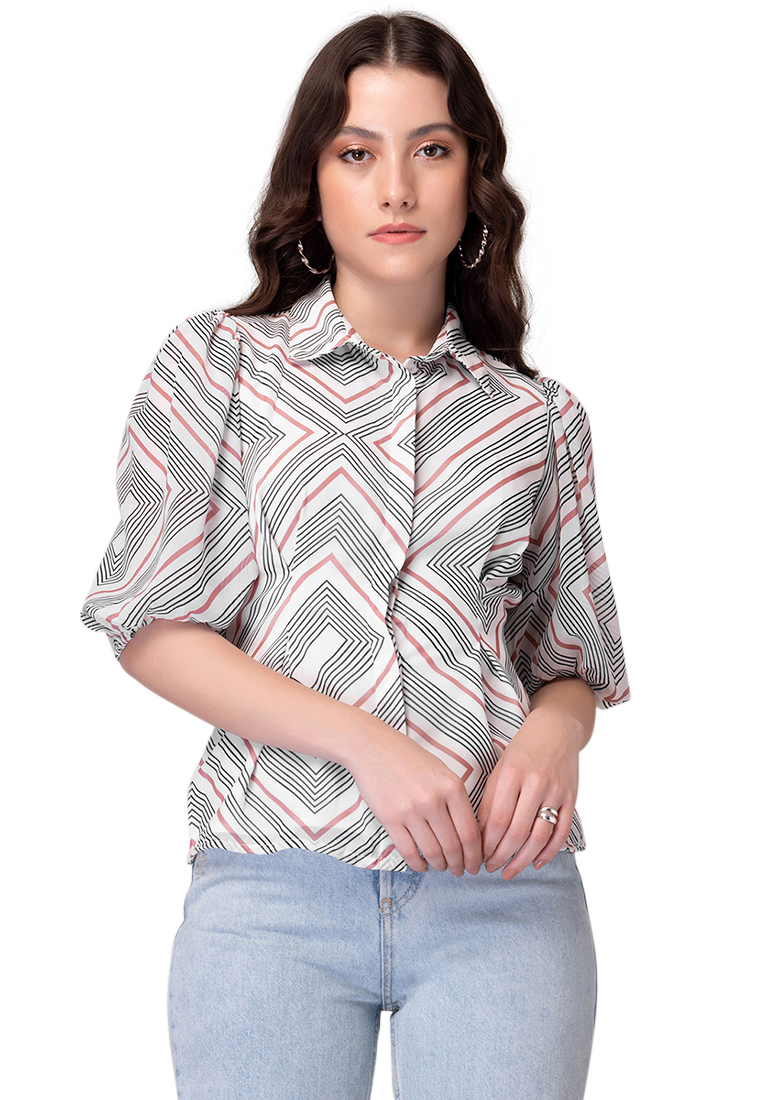 FabAlley White Geometric Print Shirt With Attached Belt