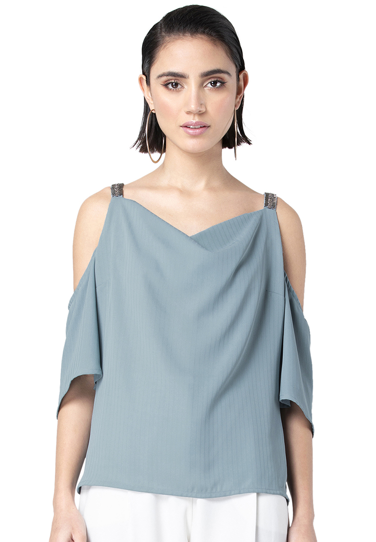 FabAlley Grey Embellished Cowl Neck Top