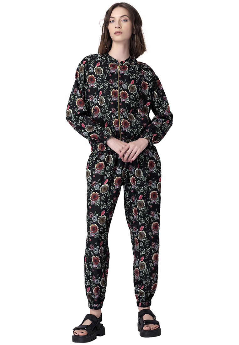 FabAlley Black Floral Bomber Jacket and Jogger Pants Co-ord Set