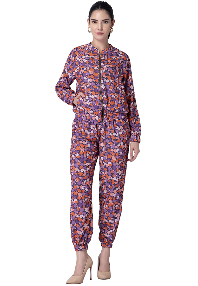 FabAlley Purple Floral Bomber Jacket and Jogger Pants Co-ord Set