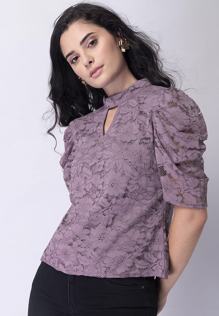 FabAlley Lilac Keyhole Neck Lace Top