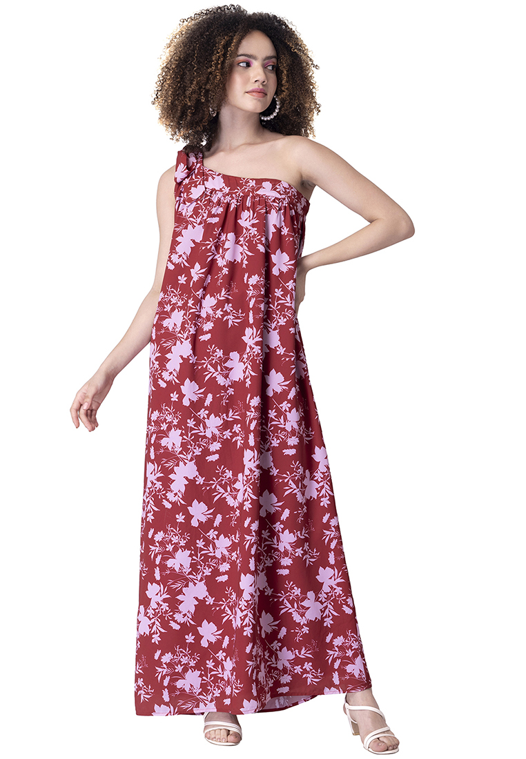 FabAlley Red Floral One Shoulder Tie Up Dress