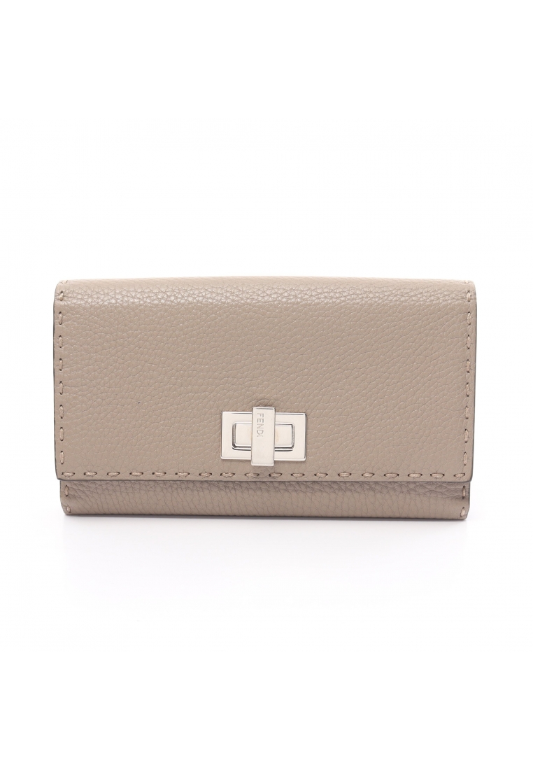 二奢 Pre-loved Fendi Peekaboo Selleria Bi-fold Long Wallet W hook wallet leather Gray beige