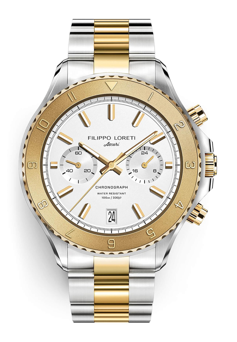 Filippo Loreti FILIPPO LORETI®中性不銹鋼Ascari兩個音調白色鏈接2020 Edition Quartz手錶，直徑42mm，2個音調IP金/銀色不銹鋼手鐲