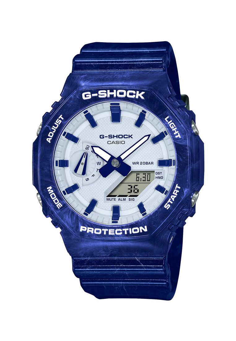 Casio G-Shock Men's Analog-Digital Watch Carbon Core Guard Structure Blue and White Porcelain Series Blue Resin Band Watch GA2100BWP-2A GA-2100BWP-2A