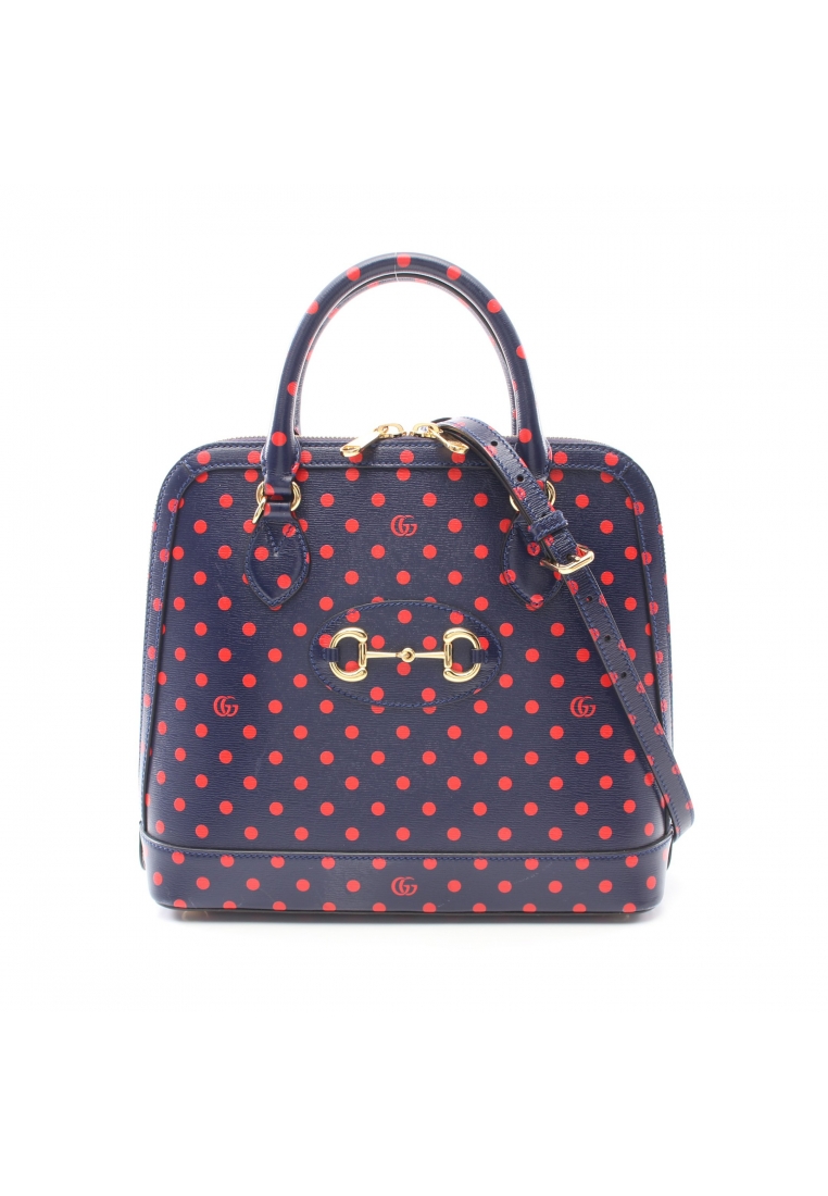 二奢 Pre-loved Gucci Horsebit 1955 Small top handle bag Handbag polka dot leather Navy Red 2WAY