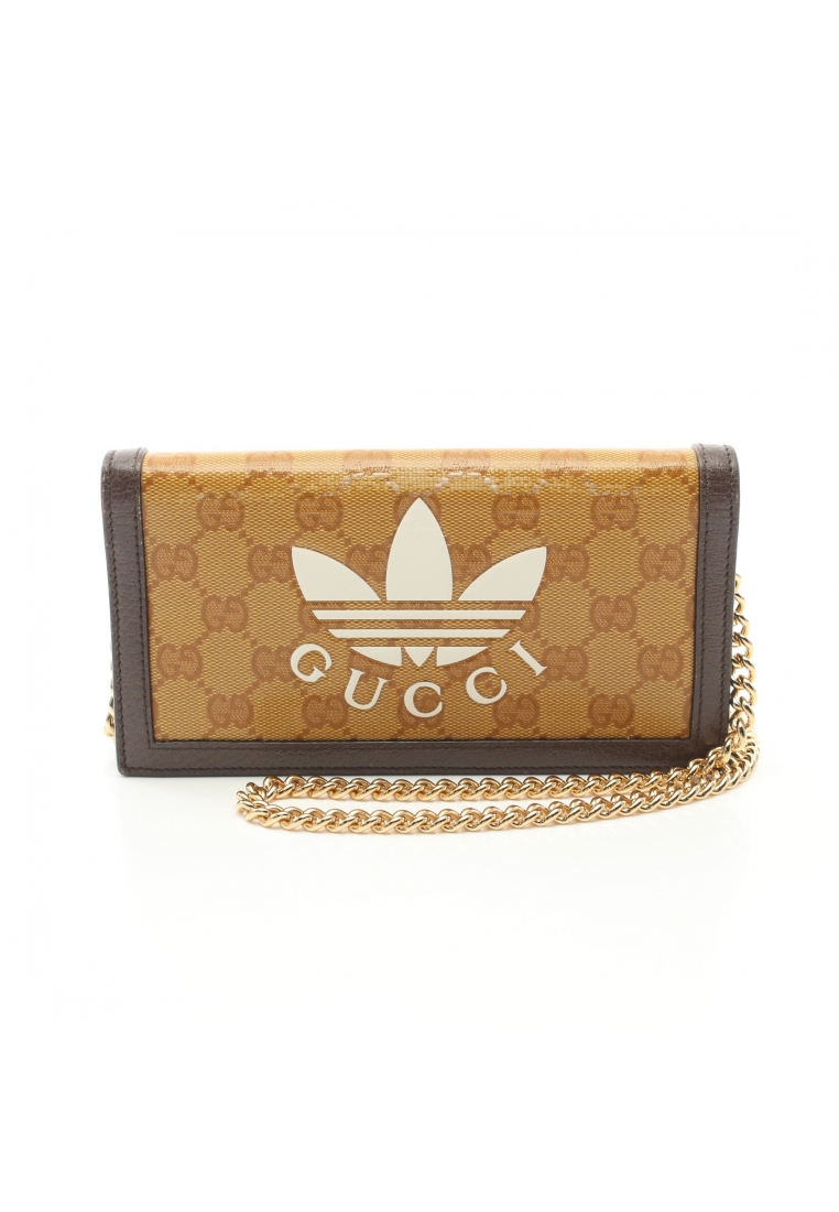 二奢 Pre-loved Gucci GUCCI × adidas GG Crystal chain wallet Coated canvas leather Yellow brown Gray brown