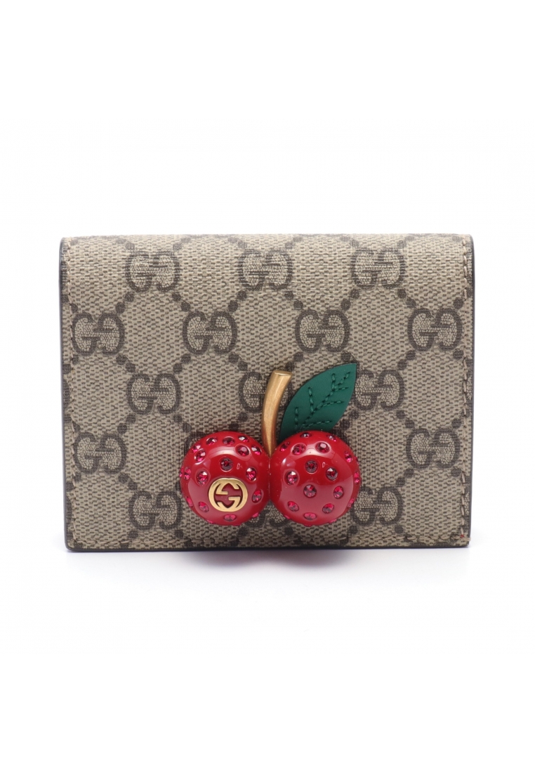 二奢 Pre-loved Gucci GG Supreme compact wallet Bi-fold wallet PVC leather beige multicolor cherry