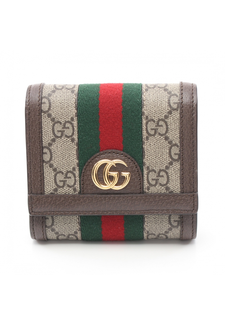 二奢 Pre-loved Gucci Ophidia GG wallet sherry line Bi-fold wallet PVC leather beige Dark brown multicolor