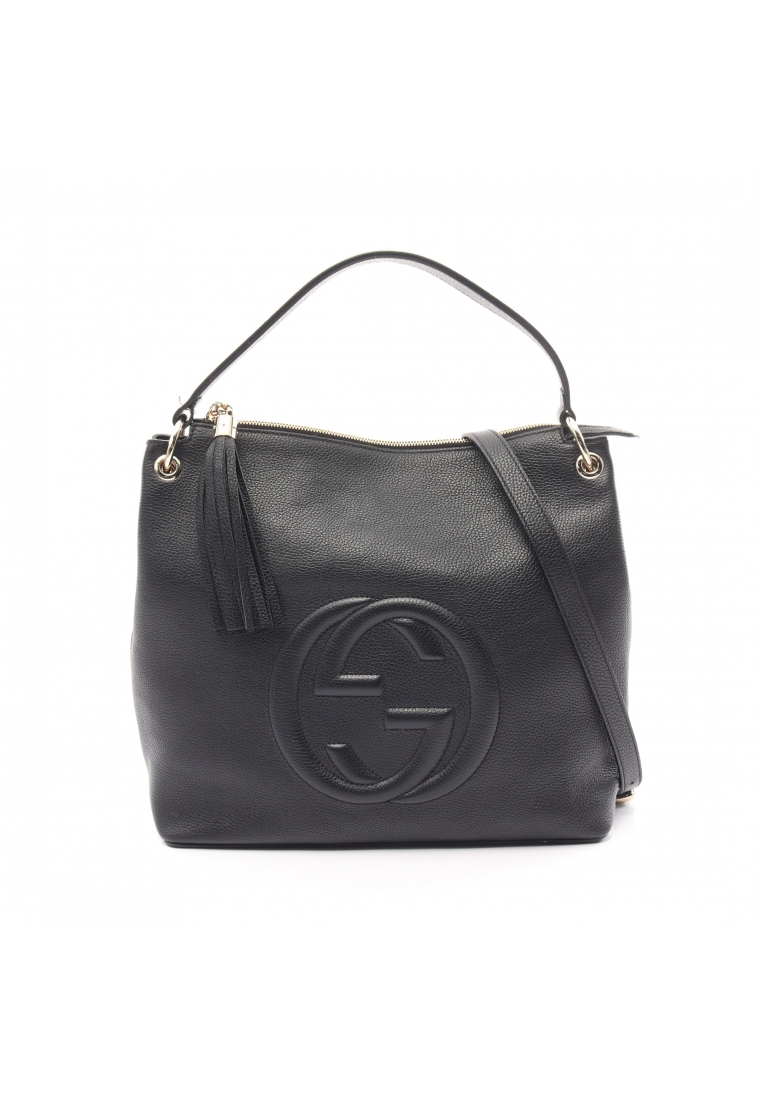 二奢 Pre-loved Gucci Soho Interlocking G Handbag leather black tassel 2WAY