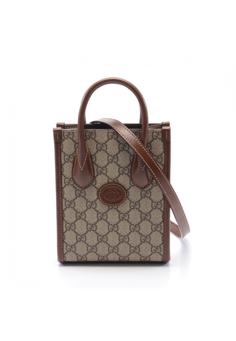 Gucci 二奢 Pre-loved GUCCI Interlocking G Mini Tote Bag GG Supreme Handbag PVC Leather Beige Dark Brown 2WAY