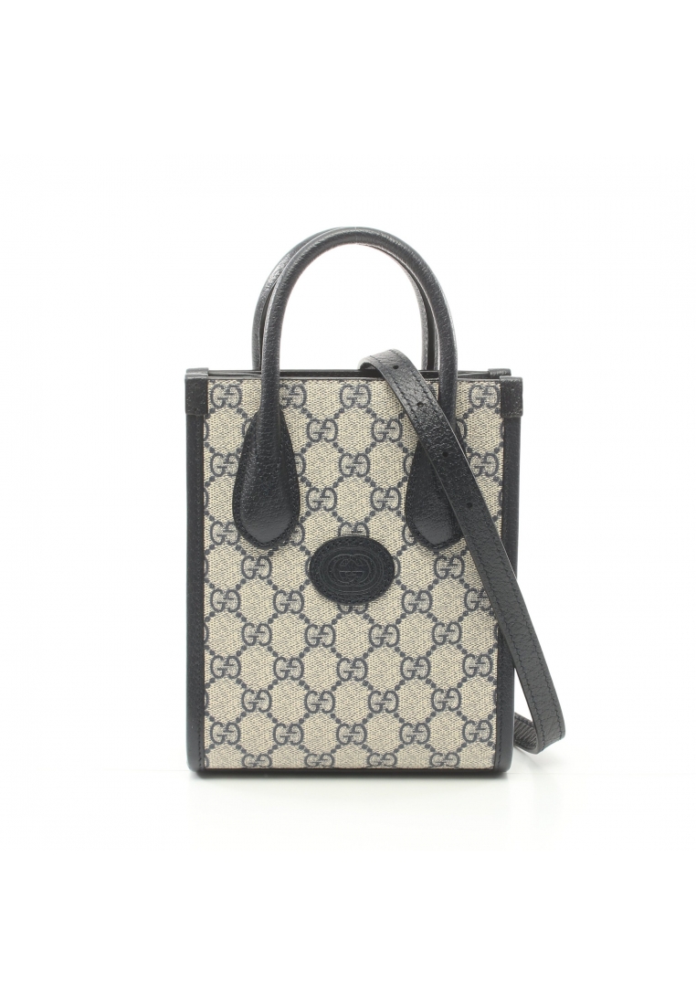 二奢 Pre-loved Gucci With interlocking G mini tote bag GG Supreme Handbag PVC leather beige Navy 2WAY