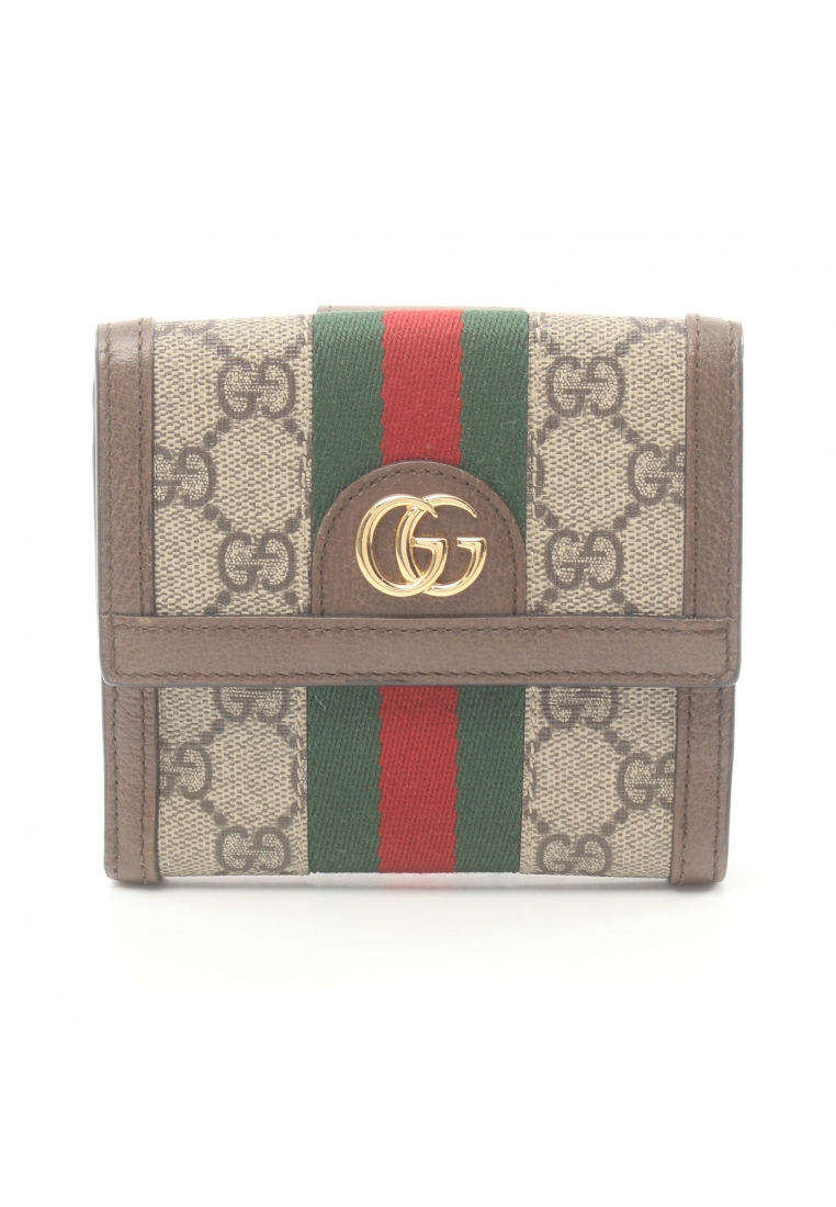 二奢 Pre-loved Gucci Ophidia GG Supreme french flap wallet sherry line W hook wallet PVC leather beige Dark brown multicolor