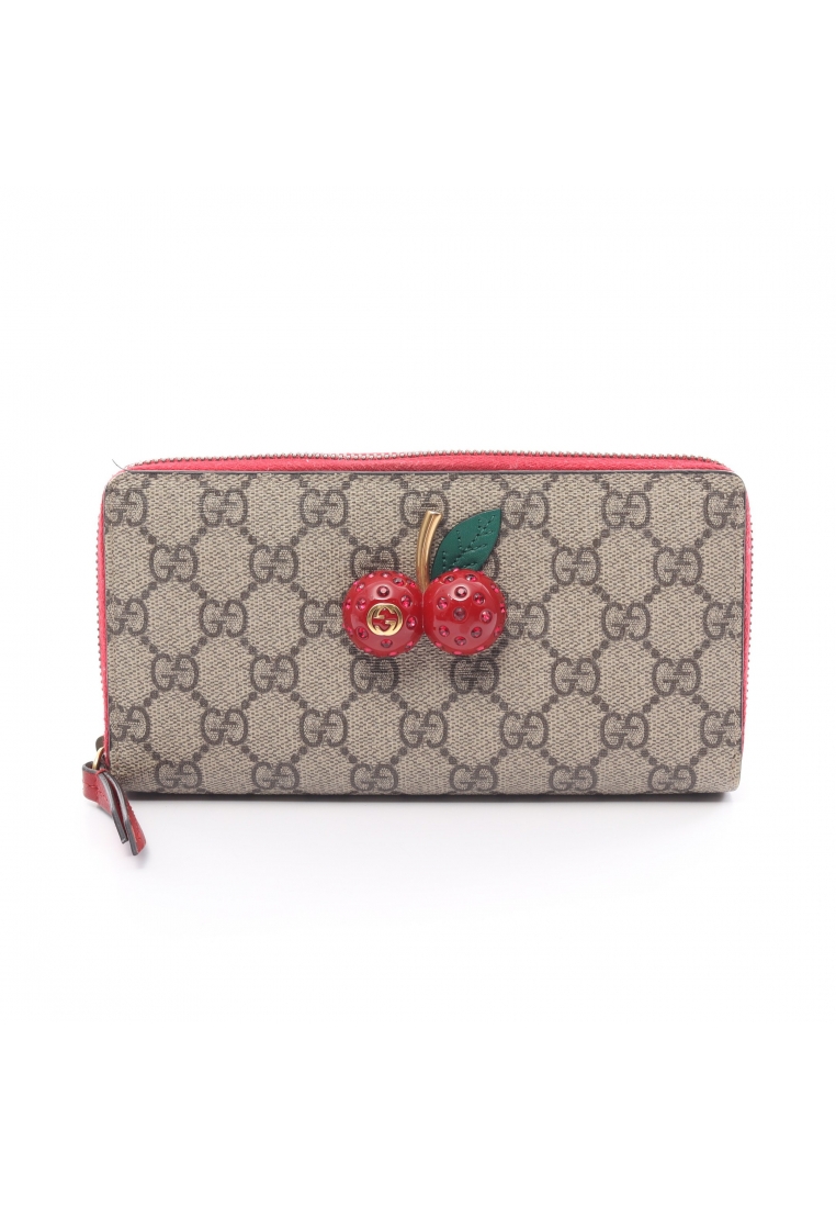 二奢 Pre-loved Gucci GG Supreme round zipper long wallet PVC beige Red cherry