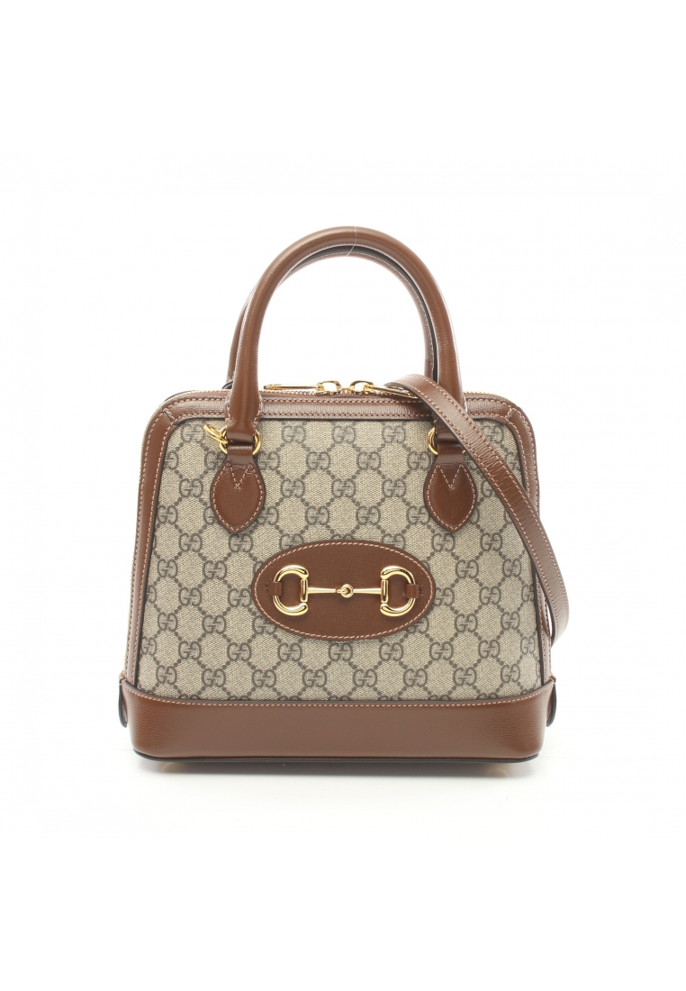 二奢 Pre-loved Gucci Horsebit 1955 Small top handle bag GG Supreme Handbag PVC leather beige Brown 2WAY